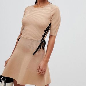 tan midi dress with black corset details